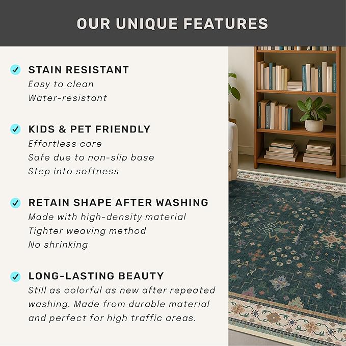 Dark Green Washable 2'6"x10' Long Runner Rugs for Hallway, Non Skid 10ft Indoor Rugs for Entryway, Stain Resistant Low Pile Carpet Boho Indoor Décor