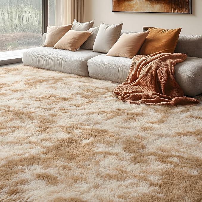 EVOIONOS Area Rug for Living Room Bedroom, Washable 5x8 Fluffy Shag Large Rug, Soft Plush Non Slip Carpet for Indoor Floor Bedside Nursery Kids Girls Room Dorm, Home Decor Aesthetic, Tie-Dyed Camel