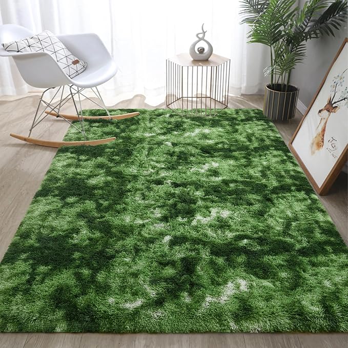 DweIke Fluffy Dark Green Rugs for Bedroom Living Room, 8x10 Large Soft Plush Shaggy Tie-Dyed Forest Moss Green Girls Boys Kids Rug, Non-Slip and Machine Washable Carpet for Dorm Nursery Decor