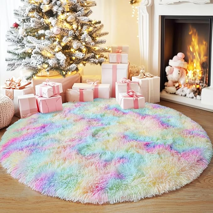 5'x5' Rainbow Round Rugs for Girls Bedroom, Ultra Soft Fluffy Circle Rug for Kids Room, Cute Shag Rugs for Living Room Playroom Tent Castle Home Decor Rug