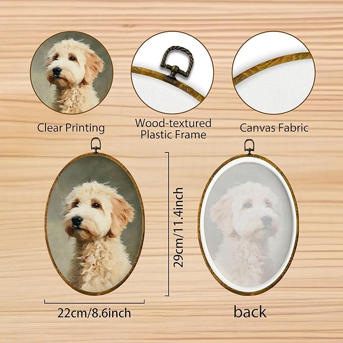 Hiuwevt Vintage Goldendoodle Oval Wall Art Decor, Goldendoodle Gifts for Women Framed Canvas Prints, Rustic Neutral Dog Oval Wall Hanging Decor for Bedroom Living Room Decorations, 8.6x11.4 Inches
