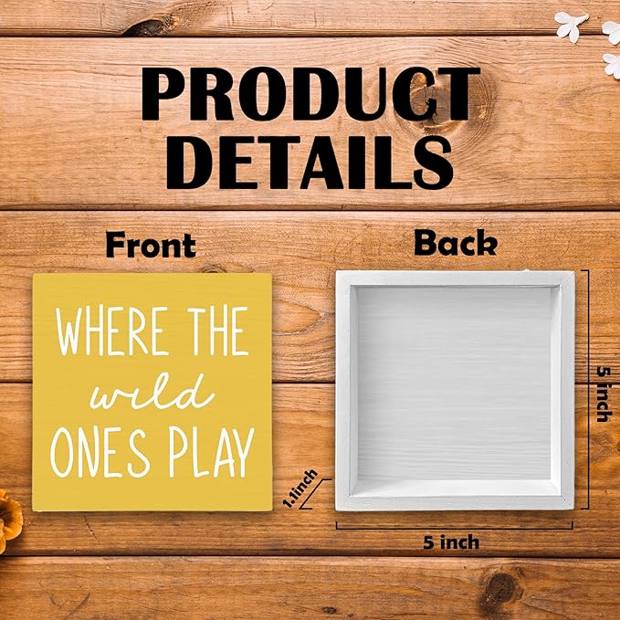 Where The Wild Ones Play Yellow Wood Box Sign Desk Decor 5X5, Nursery Kids Room Wooden Block Sign Decorations for Playroom Toddler Boys Girls Room Wall Tabletop Shelf Decor