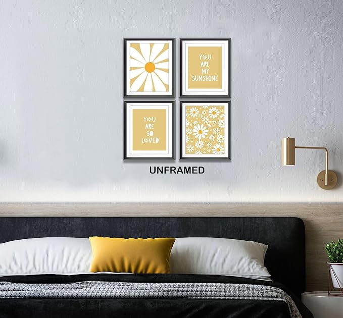 AEHIE Boho Yellow Daisy Flower Decor Art Print, You Are My Sunshine Poster for Baby Girls Room Nursery, Bohemian Wall Art, Spring Aesthetic Floral Wall Art, 4pcs