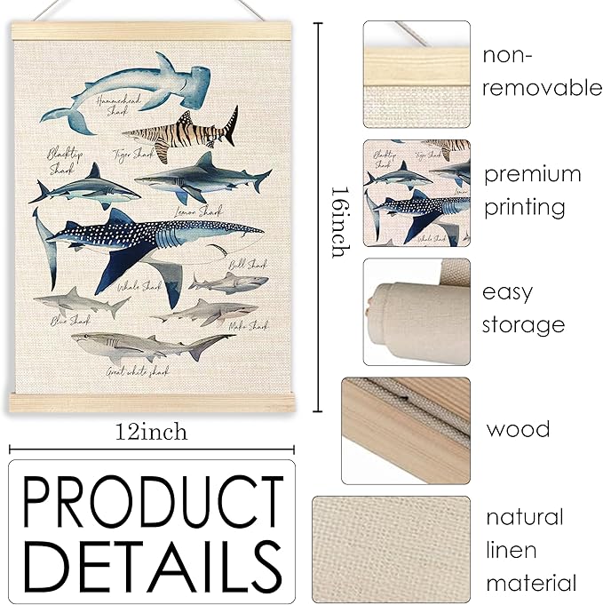 Ecezatik Species of Sharks Wall Art with Wooden Poster Hanger, Shark Posters, Beach Room Decor, Ocean Room Decor, Shark Wall Art Decor for for Classroom Nursery Kids Room Playroom, 12x16 Inch