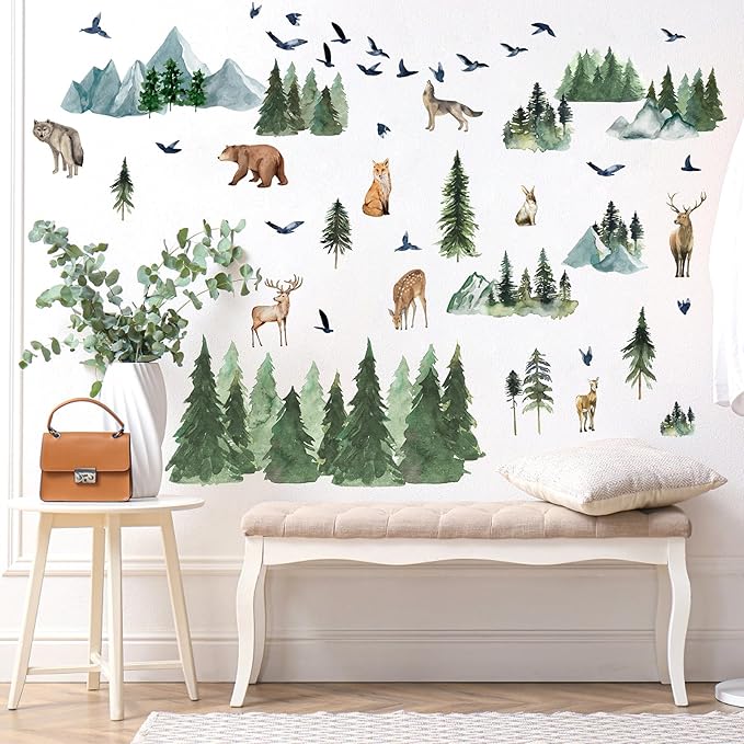Mountain Tree Wall Decals Watercolor Pine Tree Wall Decals Large Woodland Wall Stickers Forest Flying Birds Deer Fox Bear Animal Wall Stickers for Nursery Kids Room Bedroom Decor