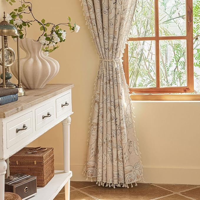 OYX Boho Floral Semi-Blackout Curtains for Bedroom, 2 Panels 52x96 Inches, Grey Rose Vintage Country Pattern with Tassels, Rod Pocket Design, Farmhouse Window Treatments