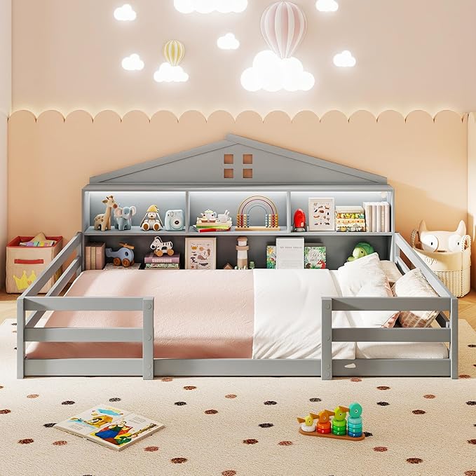 Giantex Full Size Montessori Floor Bed with LED Lights, 2-in-1 Wooden House Bed Frame with Safety Guardrails, Storage Compartments & Shelf, No Box Spring Needed, Without Slats, Gray