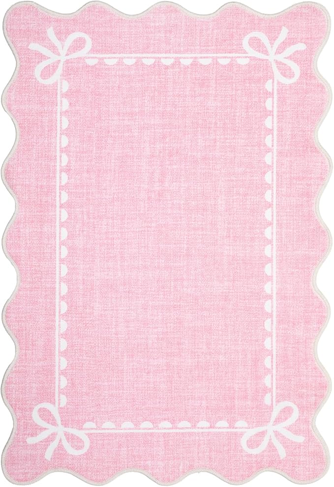 GarveeHome Scalloped Bow Rug for Kitchen Floor, Solid Pink Rug for Dorm, Washable Entryway Rugs 2x3 Soft Low Pile Non Slip Scalloped Rugs for Nursery Bedroom Decor Hallway