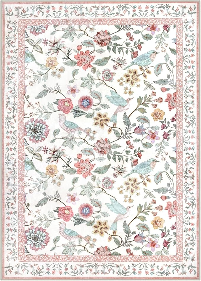 Floral Washable 8x10 Area Rug for Living Room, Soft Pink Large Girls Bedroom Rug, Non-Slip Low Pile Flower Birds Dining Room Rug, Botanical Floor Carpet for Kids Classroom Office