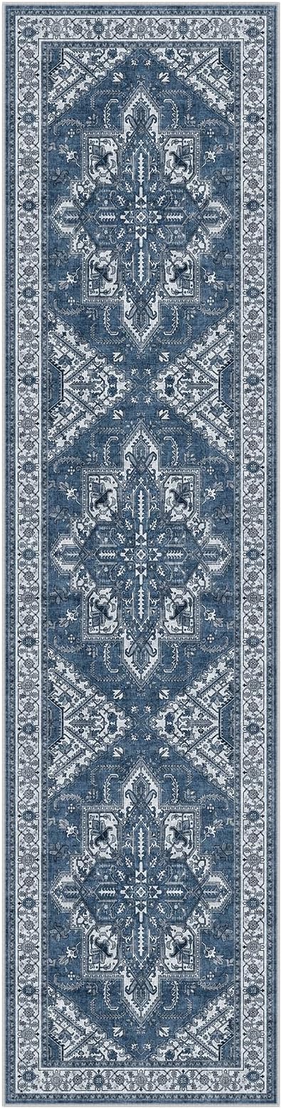 WITSHOCK Living Room Area Rugs 3x12: Washable Rug Boho Soft Non-Slip Low Pile Stain Resistant Foldable Carpet for Bedroom Playroom Dining Room Office Kitchen Farmhouse Home Decor Rug-Blue
