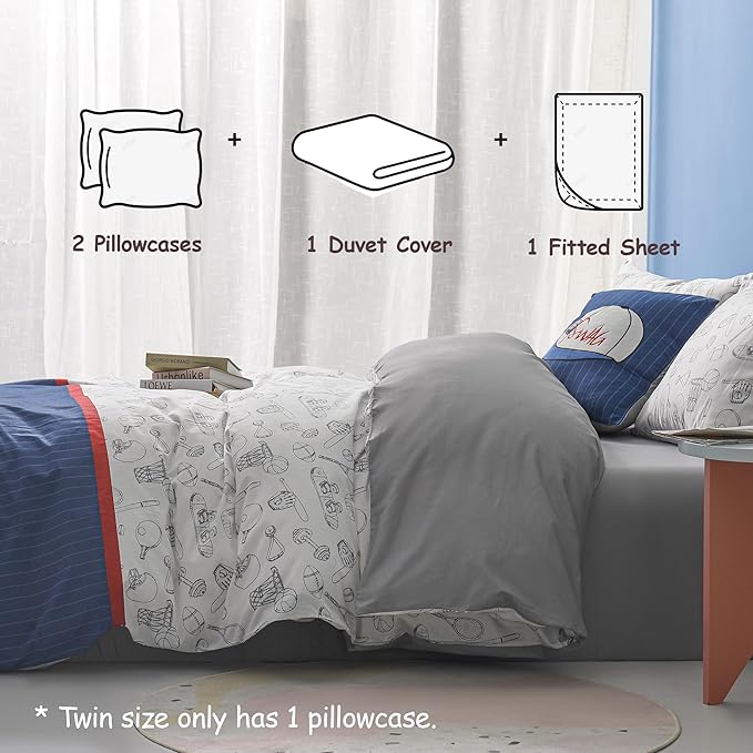 Simple&Opulence 100% Organic Cotton Duvet Cover for Kids Teens, 3 Pieces Soft Comforter Cover with Zipper Closure Cool Boy Girl Baseball Bedding Set - Sports, Twin
