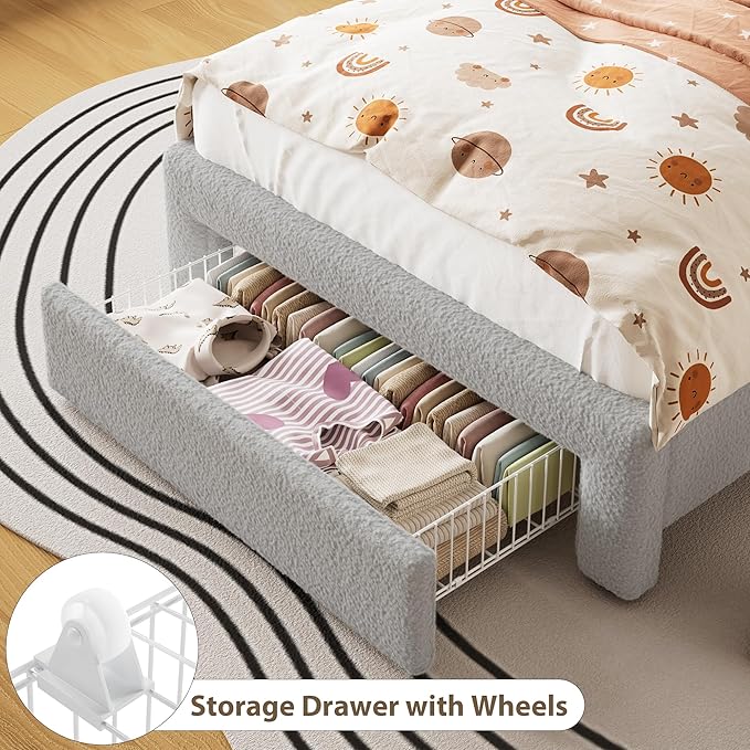 GarveeHome LED Twin Bed Frame with 2-Tier Storage Headboard, Upholstered Platform Bed with Charging Station and Drawer for Kids/Girls/Boys, Heavy Duty Metal Support, No Box Spring Needed, Grey