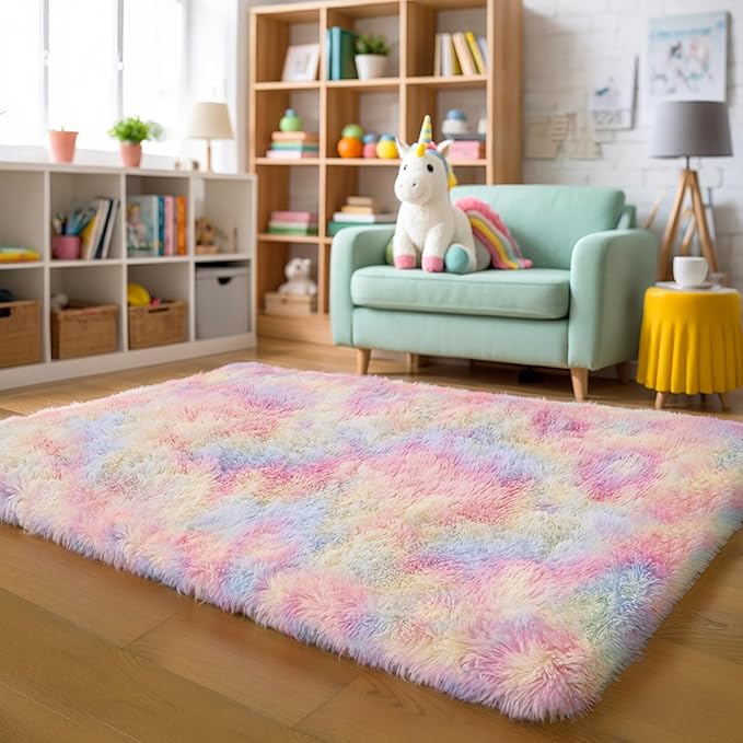 Thick Area Rug 5x7 Rainbow Fluffy Shag for Girls Bedroom,Ultra Soft Unicorn Plush Fuzzy Washable Thickened Non-Slip Carpet, Pastel Furry Shaggy Rug for Living Room Kids Boys Nursery Dorm