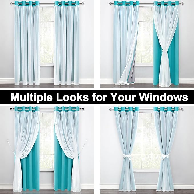 XWZO 100% Blackout Curtains with Sheer Overlay, Double Panel Grommet Thermal Insulated Privacy Curtains with Black Liner for Bedroom, Living Room, 2 Panels with Tiebacks, 52x63, Turquoise