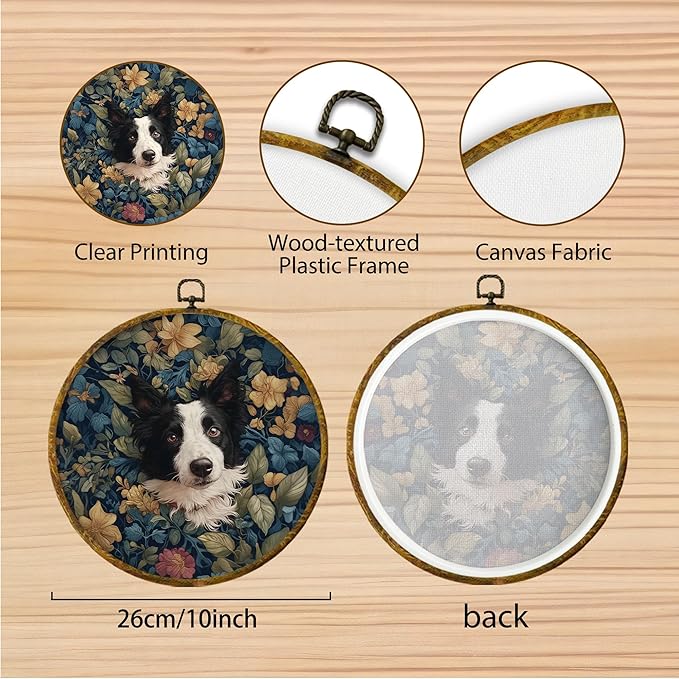 Hiuwevt Vintage Floral Border Collie Round Wall Art Decor, Border Collie Gifts Framed Canvas Prints, Cottagecore Flower Dog Round Wall Hanging Decor for Home Bedroom Room Decorations, 10x10 Inches