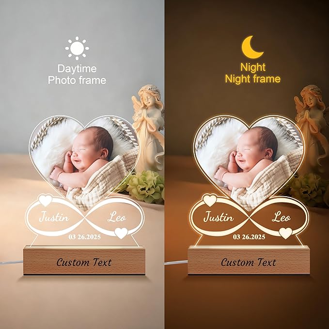 Personalized Baby Gifts for Kids, Custom Acrylic Plaque Picture Frame with Name Night Light for Boys Girls, Perfect Birthday Newbown Baby Shower Gifts, Children's Nursery Room Decor