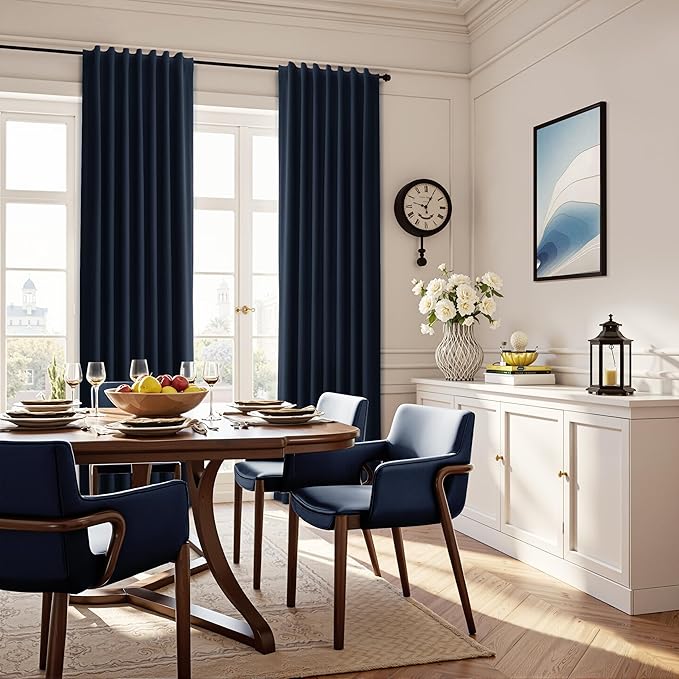 Guken Navy Blue 100% Blackout Linen Curtains for Living Room 63 Inches Long 2 Panel Sets Elegant Textured Back Tab Hook Belt Room Darkening Thermal Insulated Soundproof Bedroom Sliding Door 52x63