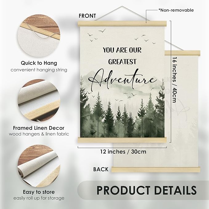 Fewgb Woodland Forest Mountain Wall Art Decor for Baby Nursery Kids Room Playroom, You Are Our Greatest Adventure Hanging Poster Framed Hanger, Sage Green Picture Prints 12x16
