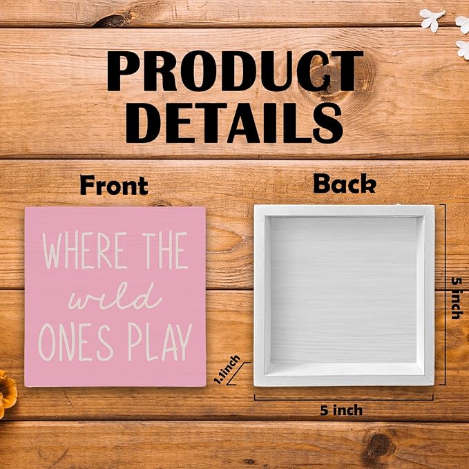 Where The Wild Ones Play Pink Wood Box Sign Desk Decor 5X5, Nursery Kids Room Wooden Block Sign Decorations for Playroom Toddler Boys Girls Room Wall Tabletop Shelf Decor