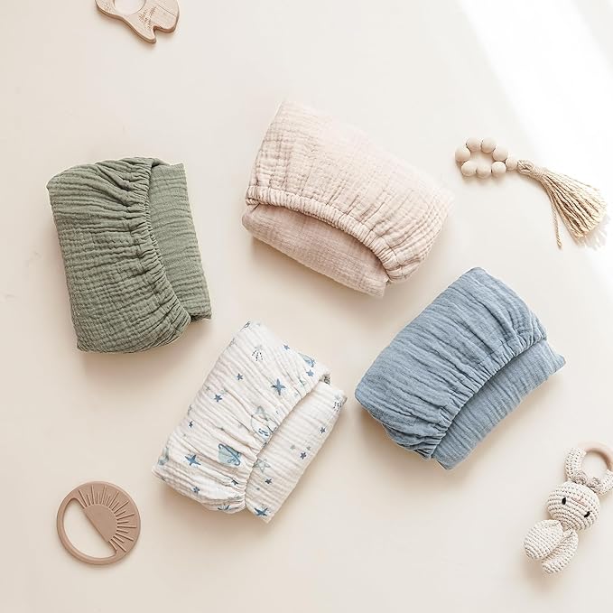 Konssy 2 Pack Muslin Bassinet Sheets for Baby Boy, 100% Cotton Soft Breathable Bassinet Mattress Sheets Fit for Hourglass Oval Cradle Rectangle Mattress (Fog Green,Cream)
