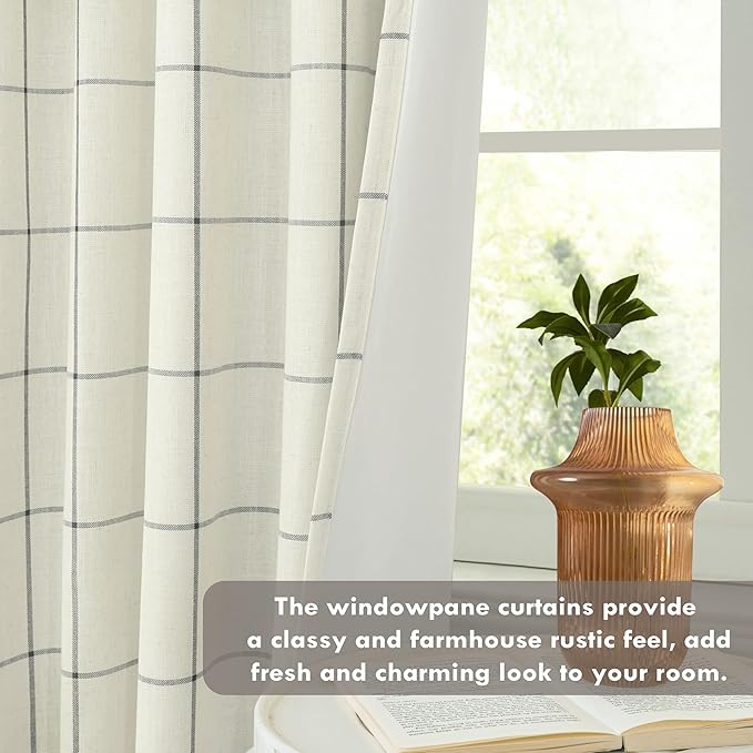 DriftAway 2 Panels 100% Blackout Windowpane Plaid Linen Curtains Double Layer Drapes for Bedroom 63 Inches Long Farmhouse Thermal Insulated 3.25 Inch Rod Pocket Back Tab for Living Room Black