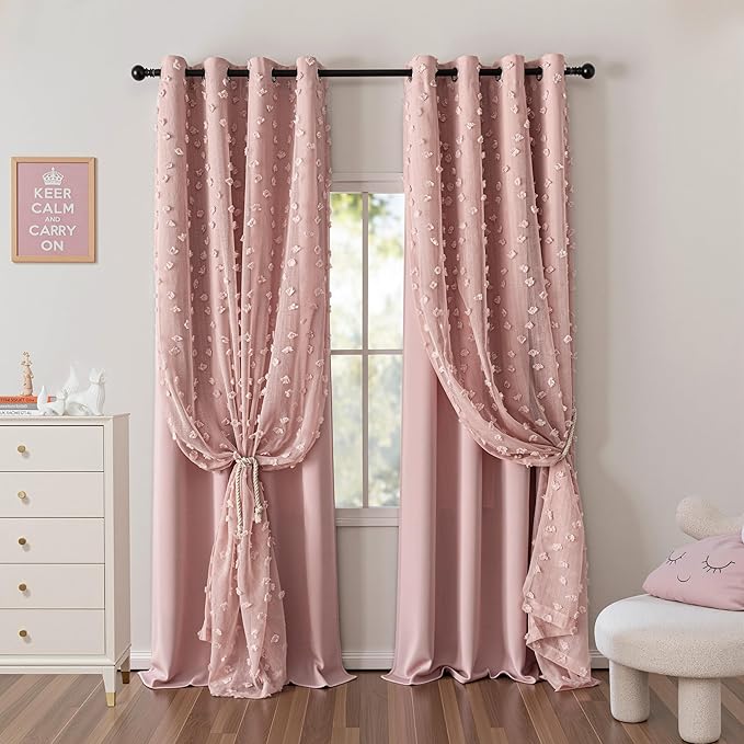 MYSKY HOME Pink Curtains for Bedroom 90 Inches Long Living Room Curtain with Pink Pom Pom Sheer for Dining Room Grommet Double Layer Nursery Curtain Drapes Room Darkening Window Panels 52 Wide