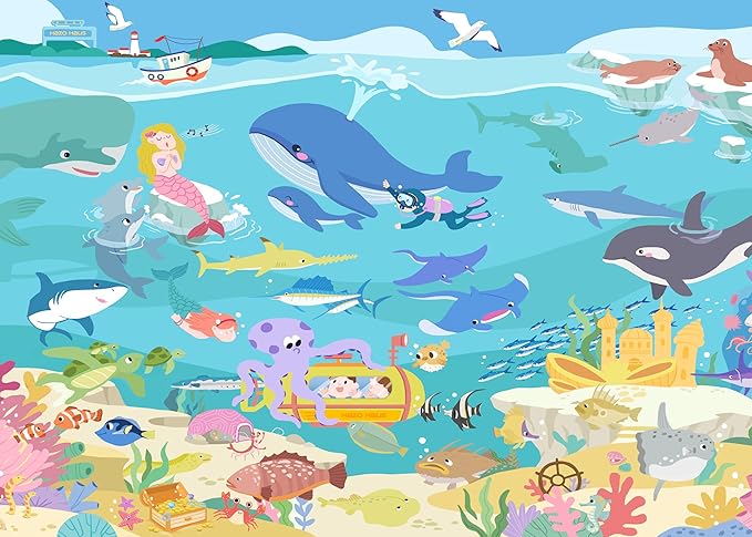 Ocean Themed Rug for Kids Room – 6x9 Blue Rug for Kids Room, Sea Creatures & Mermaid, Fish, Washable Non Slip Soft Carpet for Classroom, Bedroom or Playroom