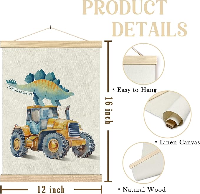 BCUANGD Dinosaur and Construction Truck Wall Decor - Dino Poster Hanger with Wood Frames Set of 2, Kids Car Vehicles Wall Hanging Canvas Decor for Kids Room Nursery Playroom, 12x16 Inches 482