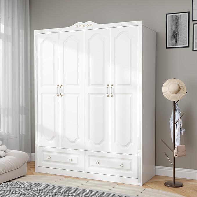 White Armoire Wardrobe Closet with Drawers: 74" Large Wardrobe Closet with 4 Doors and 2 Drawers, Bedroom Armoires with Hanging Rod, Wooden Armoire Closets for Hanging Clothes (White, 59")