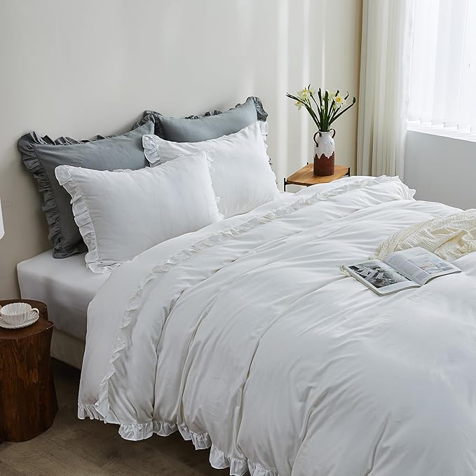 Simple&Opulence Kids 100% Organic Cotton Queen Duvet Cover Ruffle 3Pcs(1 Comforter Cover 2 Pillowcases) Cute Lace Vintage Boho Shabby Chic Farmhouse Bedding Set Teen Girls(White, Queen)