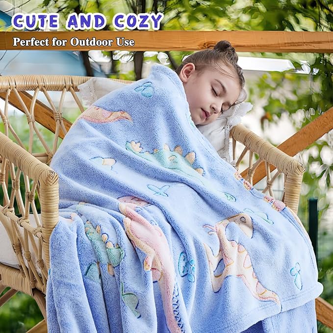 inhand Dinosaur Gift Toys for Kids Glow in The Dark Dinosaur Blanket for Boys Girls Fluffy Cozy Fleece Kids Blanket Birthday Christmas Halloween Easter Child Gifts Blue 50"x60"