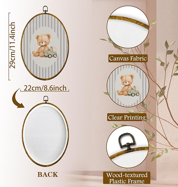 shiviody Vintage Bear Nursery Canvas Wall Art Decor, Bear Nursery Decor, Grey Striped Wild Animal Oval Hanging Frame Prints Decorations for Kids Toddler Room Bedroom Playroom 8.6"x11.4"