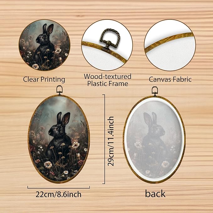 Hiuwevt Vintage Black Bunny Oval Wall Art Decor, Cottagecore Wildflower Bunny Framed Canvas Prints, Moody Rabbit Oval Wall Hanging Decor for Home Bedroom Living Room Decorations, 8.6x11.4 Inches