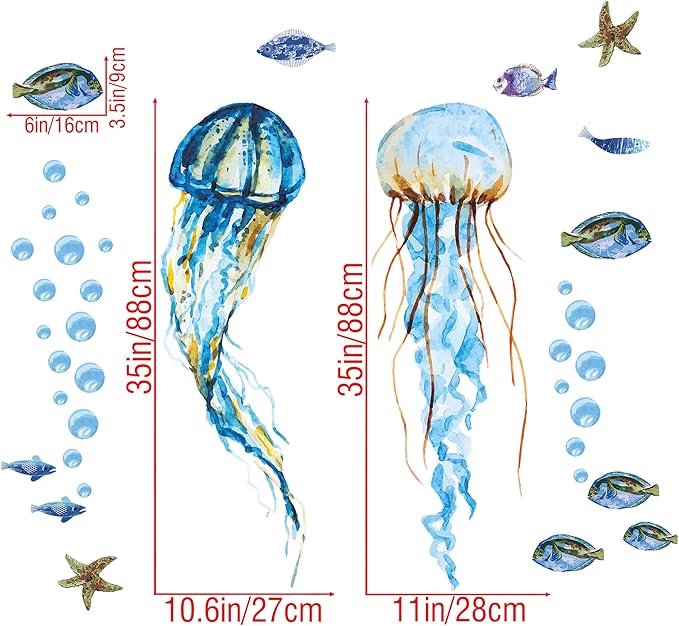 Creative Watercolor Jellyfish Wall Sticker Under The Sea Wall Decals Peel and Stick Removable Bubble Fish Starfish DIY Art Décor for Kids Girls Bedroom Living Room Bathroom Window Wall Decoration