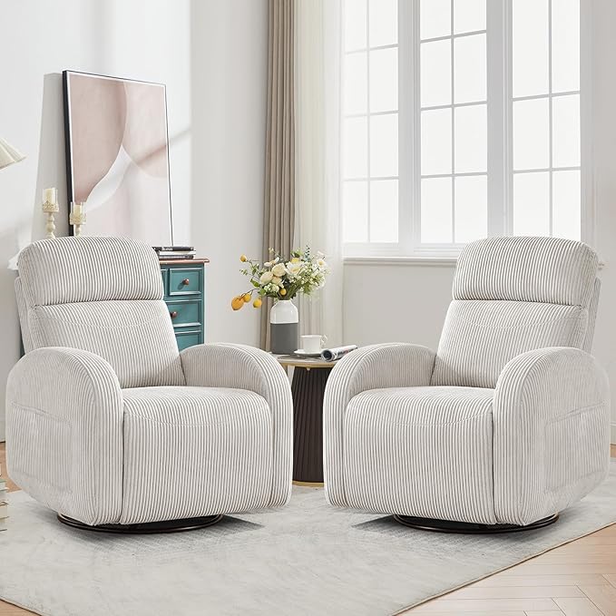 Swivel Recliner Rocker Nursery, Nursering Glider Recliner, Manual Swivel Rocking Reclining with Double Pockets for Living Room,Corduroy Camel