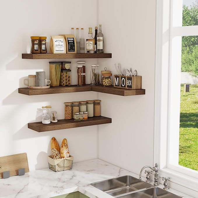 Floating Shelves for Wall, 24 Inch Floating Shelves Set of 2, Wall Mounted Rustic Wood Shelf for Bathroom, Living Room, Bedroom and Kitchen, Hanging Shelf for Storage, Books, Home Decor, Walnut
