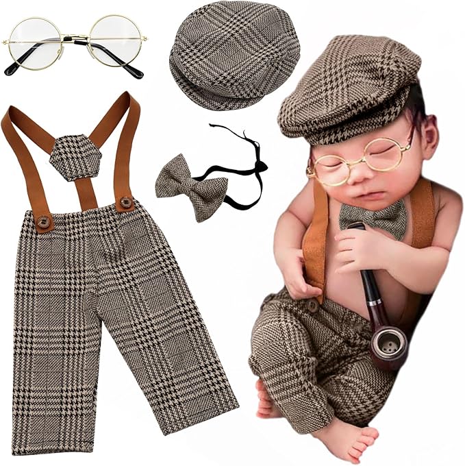 SPOKKI 4 Pcs Newborn Baby Photo Props, Lattice Rompers Suspender Pants with Beret Glasses Bow Tie for Infant Boys' Costumes, Newborn Boy Photography Outfit Set, Checked Fabric Gentleman Suit (Brown)