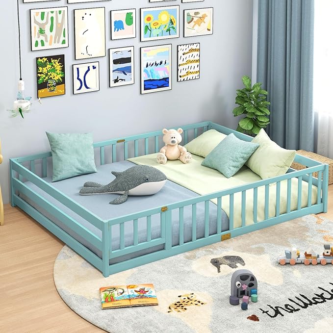 Giantex Queen Floor Bed with Door & Fence, Kids Wood Montessori Beds with Safety Guardrails, Floor Bed Twin for Kids, Boys, Girls, No Box Spring Needed, ICY Aqua