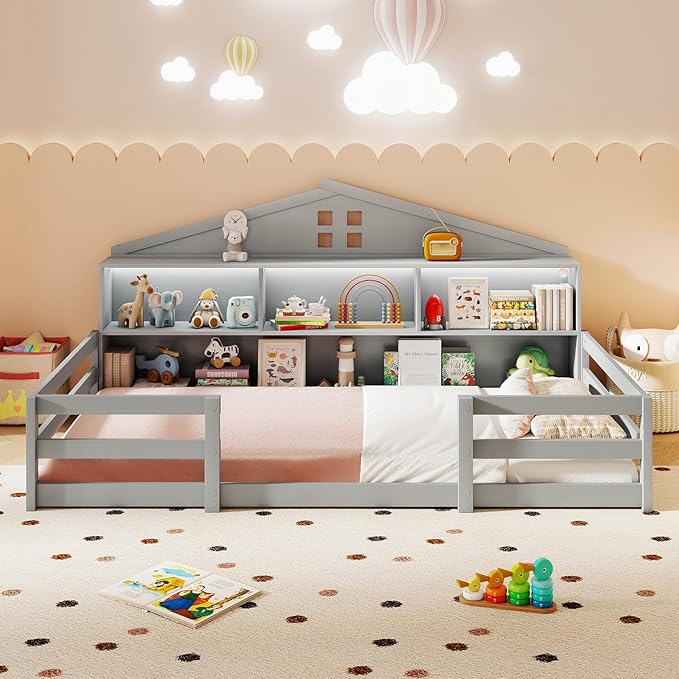 Giantex Twin Size Montessori Floor Bed with LED Lights, 2-in-1 Wooden House Bed Frame with Safety Guardrails, Storage Compartments & Shelf, No Box Spring Needed, Without Slats, Gray