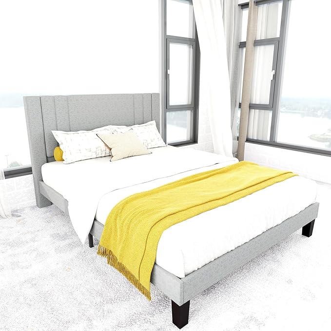 Tyndall Queen Size Bed Frame, Linen Fabric Upholstered Platform with Headboard