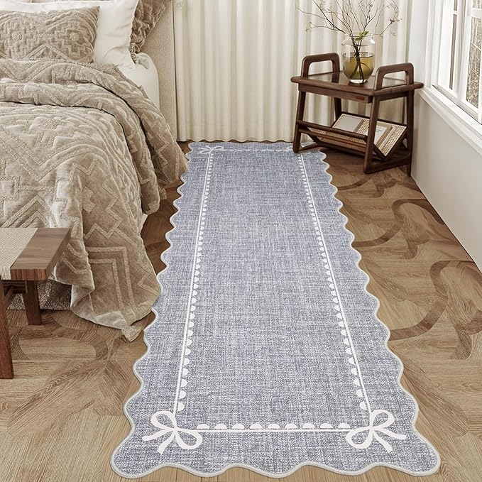 GarveeHome Scalloped Bow Rug for Living Room, Solid Grey Rug for Dorm, Washable Runner Rugs 2x6 Soft Low Pile Non Slip Scalloped Rugs for Nursery Bedroom Decor Hallway Entryway Playroom
