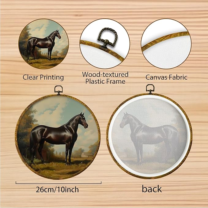 Hiuwevt Horse Round Wall Art Decor, Vintage Equestrian Horse Framed Canvas Prints, Retro Rustic Cottagecore Landscape Round Wall Hanging Decor for Bedroom Home Decorations, 10x10 Inches