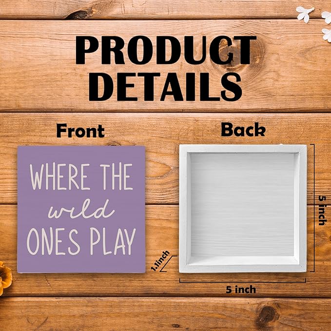 Where The Wild Ones Play Purple Wood Box Sign Desk Decor 5X5, Nursery Kids Room Wooden Block Sign Decorations for Playroom Toddler Boys Girls Room Wall Tabletop Shelf Decor