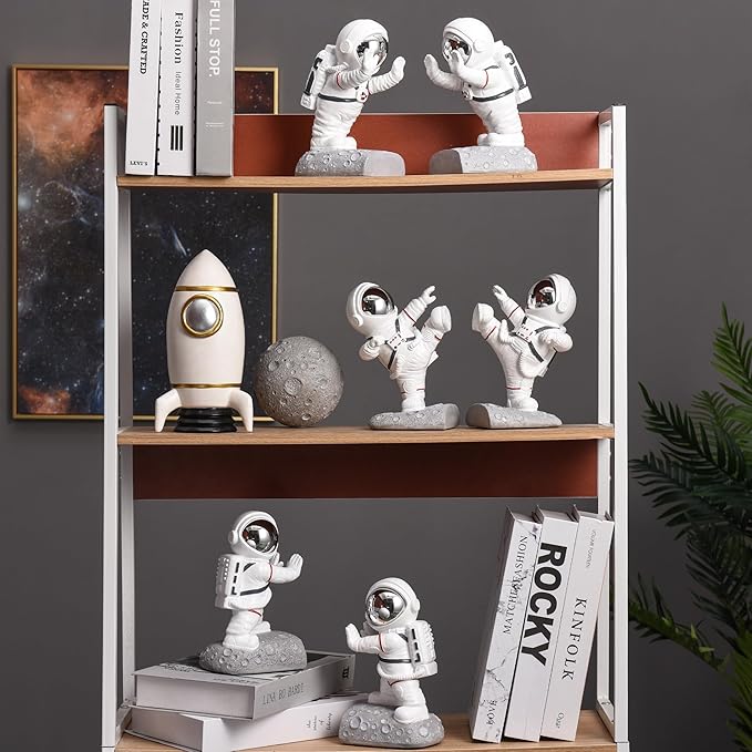 Book End Holder, Astronaut Bookends Outer Space Themed Astronaut Figurine Decorative Book Stoppers to Hold Books Heavy Duty Bookshelf Ends for Kids Rooms Space Decor Bookends (A-Silver Color)