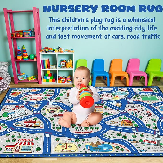 Tinideya Kids Carpet Playmat Rug Player Car Rug, 6 x 9 ft Traffic Map Mat Educational Game Area for Toddler Children Playroom Classroom Bedroom (City, Blue)