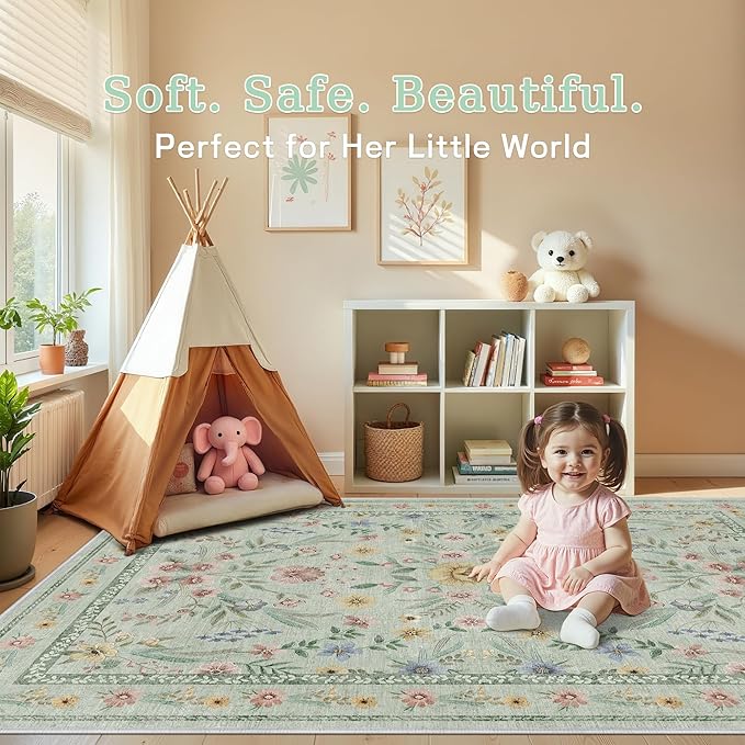 Green Floral Rug for Girls,6x9 Washable Botanical Bedroom Rug for Nursery, Playroom or Kids Room,Soft Non-Slip Carpet for Forest Themed Baby Room Decor