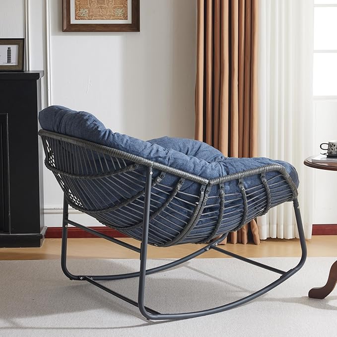 Oversized Outdoor Papasan Rocking Chair Set of 2 with Soft Cushion, Comfy Patio Egg Chair, Wicker Lounge Rocker for Balcony/Porch/Garden, Reinforced All Weather Rattan Frame, Navy Blue