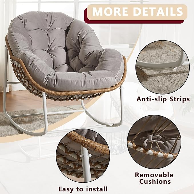 Oversized Outdoor Papasan Rocking Chair Set of 2 with Soft Cushion, Comfy Patio Egg Chair, Wicker Lounge Rocker for Balcony/Porch/Garden, Reinforced All Weather Rattan Frame, Light Grey