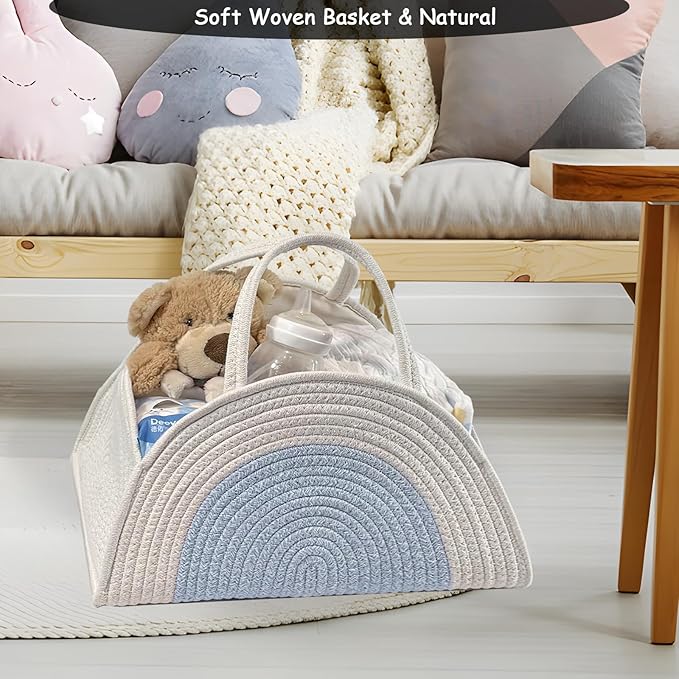 COMFY-HOMI Diaper Caddy Organizer with Gift Bags and Ribbons - Sturdy Cotton Rope Basket for Baby Girl & Boy Newborn Essentials, Large Shower Gift Bag, Nursery Storage Caddy with Handles (white bule)