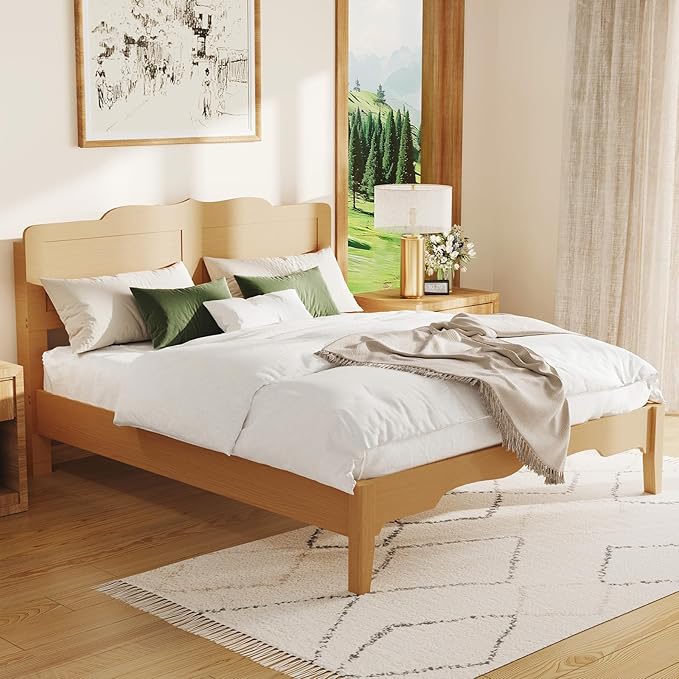 Queen Bed Frame with Headboard, Wooden Platform Bed with Wood Slats Support, Modern Bed Frame with Storage&Charging Station, No Box Spring Needed, Easy Assembly, Noise Free, Natural